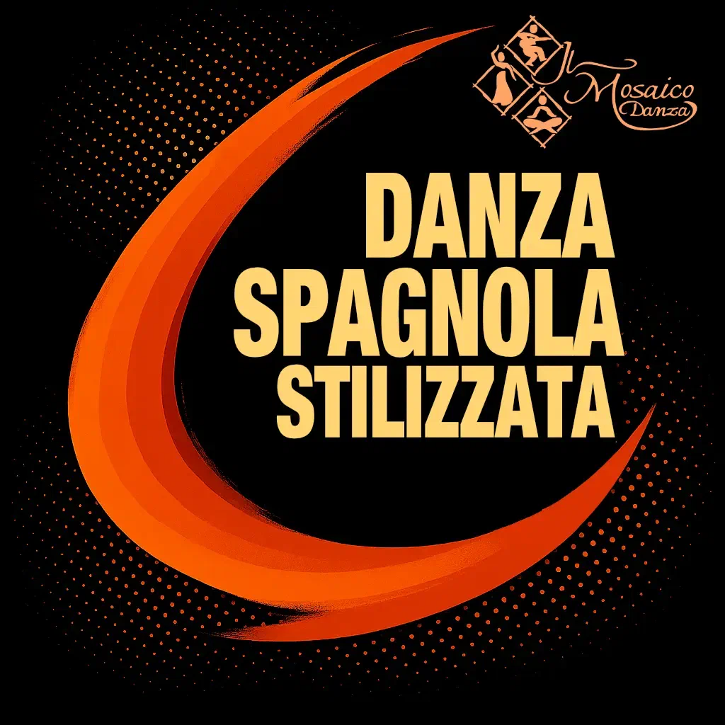 mmagine grafica astratta con sfondo nero, caratterizzata da una pennellata curva arancione con sfumature calde che attraversa la composizione in diagonale. Un pattern di punti arancioni aggiunge profondità e movimento, creando un effetto dinamico ed elegante. Lo stile visivo richiama l’energia e la fluidità della danza