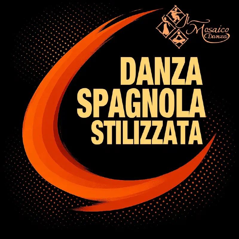mmagine grafica astratta con sfondo nero, caratterizzata da una pennellata curva arancione con sfumature calde che attraversa la composizione in diagonale. Un pattern di punti arancioni aggiunge profondità e movimento, creando un effetto dinamico ed elegante. Lo stile visivo richiama l’energia e la fluidità della danza