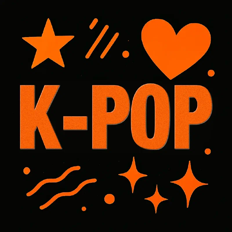 Grafica promozionale per il corso "K-Pop" con sfondo nero e accenti arancioni. La scritta "K-POP" è al centro, in caratteri bold e moderni, circondata da elementi grafici astratti come stelle, cuori e linee dinamiche. Lo stile richiama estetica pop digitale, con un tocco urbano e giovanile