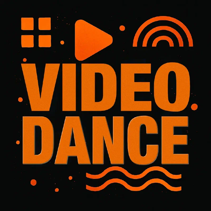 Grafica promozionale per il corso Video Dance con sfondo nero e accenti arancioni. La scritta VIDEO DANCE è al centro, in stile urbano e moderno, circondata da elementi grafici astratti come simboli di play, linee ondulate e motivi geometrici. L'immagine è priva di figure umane e trasmette energia, movimento e stile contemporaneo